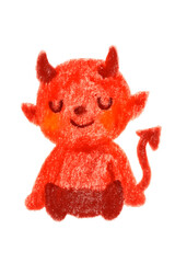 Hand-Drawn Cute Devil Cartoon Character &mdash; Baby Red Demon with Horns and Tail, Smiling Happily in Chibi Style, Playful, Whimsical, Innocent, and Childlike Fantasy Creature, Perfect for Kids Art,