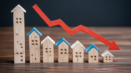A downward trend, illustrated by a red arrow, impacts miniature wooden house figures, symbolizing a declining market. Real estate economy concept, challenge, and strategy.