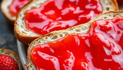 Close-up of crusty bread slices with translucent strawberry jelly spread, morning, sandwich