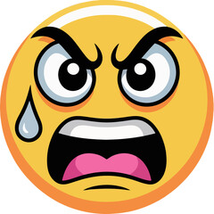 Obraz premium Angry emoji face with wide eyes, furrowed brows, open mouth, and a dramatic teardrop of frustration.