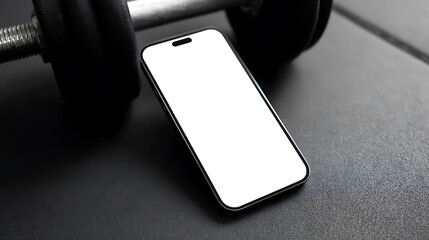 Fitness tracker concept: Smartphone with blank screen next to a dumbbell. Ideal for gym enthusiasts, health apps, and fitness routines. Stay connected, stay fit!