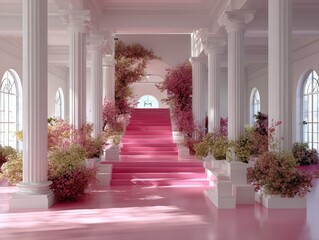 Pink staircase leading to podium decorated with flowers between white columns	