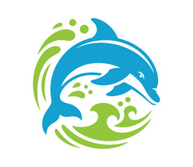 Obraz premium Blue dolphin jumping through green waves and water splashes graphic design vector.