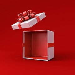 Naklejka na ściany i meble Perspective view blank white gift box mockup exhibition booth stand or opened present box with red ribbon bow isolated on dark red background with shadow minimal creative idea conceptual 3D rendering