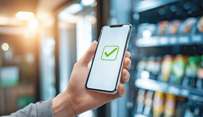Successful mobile payment confirmed on smartphone in front of vending machine.