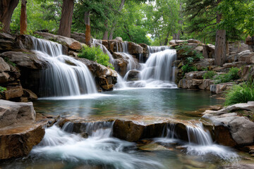 Obraz premium Tranquil Waterfall Cascading Over Rocks in Lush Forest