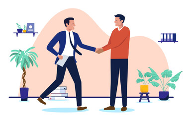 Professional businessmen making a deal and shaking hands in an office, celebrating a successful meeting or new partnership, flat design vector illustration for business agreement concept