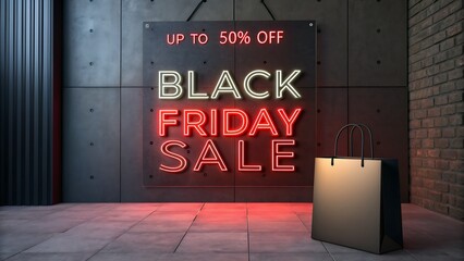 Black friday sale neon sign on concrete wall with shopping bag