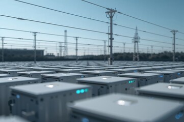 Precise metallic energy containers form a futuristic grid glowing softly beneath bright urban daylight