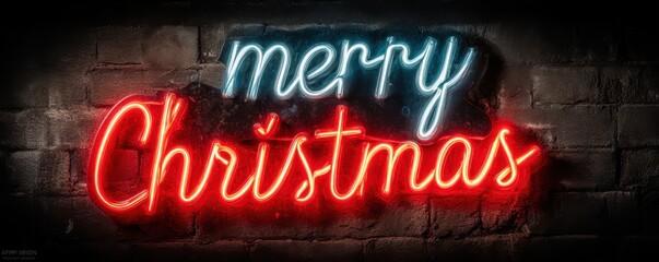Neon sign reads Merry Christmas in blue and red cursive on a brick wall for festive holiday imagery