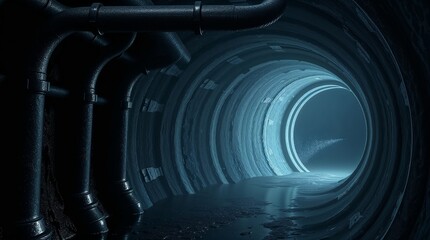 Dark drainage tunnel with illuminated interior and textured walls, atmospheric view showcasing eerie reflections and water. Drainage tunnel features industrial pipes on sides,