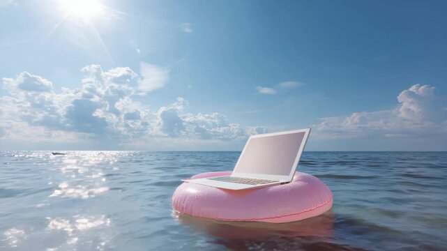 Floating workspace combines technology and nature on a sunny day at the beach with a laptop on a pink float