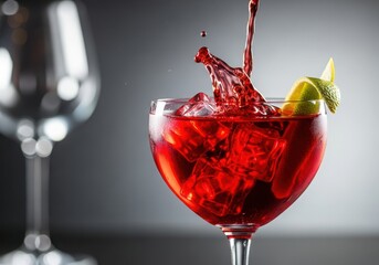 Red cocktail splash with ice and lime garnish in a glass, cinematic shot