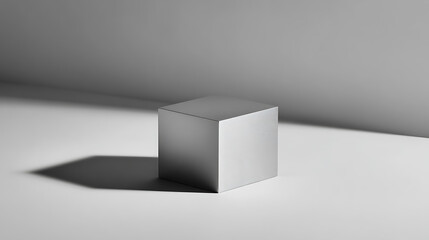 Monochrome cube on a neutral plane, shadowed, evokes minimalistic, geometric abstraction. The interplay of light creates subtle gradients, highlighting clean lines.