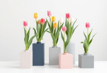 Minimalist composition of various colored tulips (pink, yellow, white) placed in sleek, rectangular vases (pink, blue, gray). 