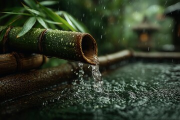 Bamboo water fountain with flowing water and lush greenery creating a serene atmosphere