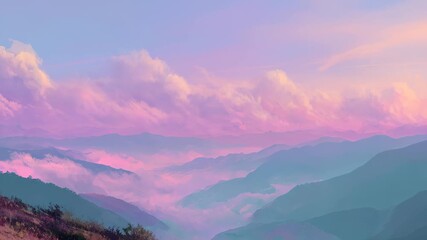 Beautiful pastel sunrise over misty mountains with vibrant clouds reflecting morning light - Powered by Adobe