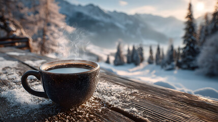 Warm coffee cup on a wooden table with winter scenery in the background