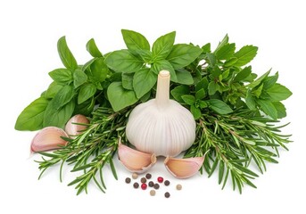 Fresh garlic, basil, rosemary, and peppercorns arranged for culinary inspiration (70 characters)