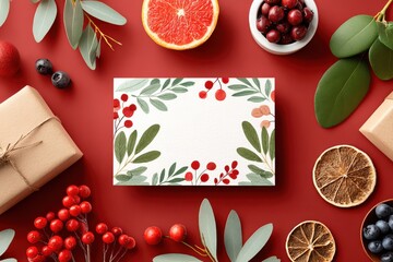 Christmas greeting card with botanical illustration, red berries, and envelope on a festive red backdrop