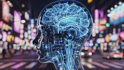 Futuristic AI brain pulsing with digital energy in vibrant city showcases artificial intelligence - Powered by Adobe