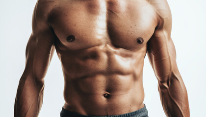 Fototapeta premium Close-up of muscular male torso with defined abs, chest and arms, highlighting strength, fitness and bodybuilding aesthetics in bright studio lighting.