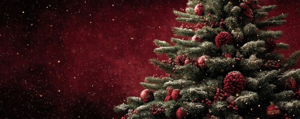 Christmas tree with red ornaments and gold accents against a deep burgundy festive background