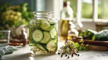 Glass jar filled with fresh cucumber slices, dill, and spices for homemade pickles, set on a sunny kitchen counter with rustic ingredients.