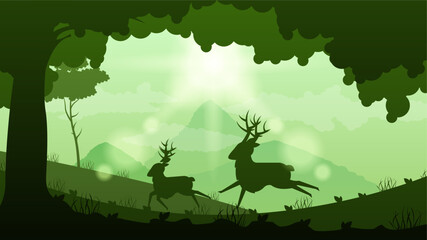 Abstract Dark Sky Background Vector Silhouette With Trees Deer Water Design Style