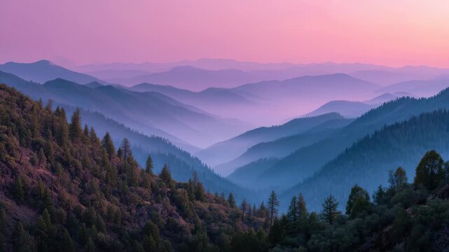 Sunset over rolling mountain ranges with soft hues of pink and purple creating a serene landscape