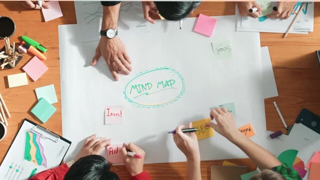 Group of business people writing sticky note and making mind map to brainstorming marketing idea at meeting. Top aerial view of investors sharing plan or strategy and stick note at paper. Convocation.