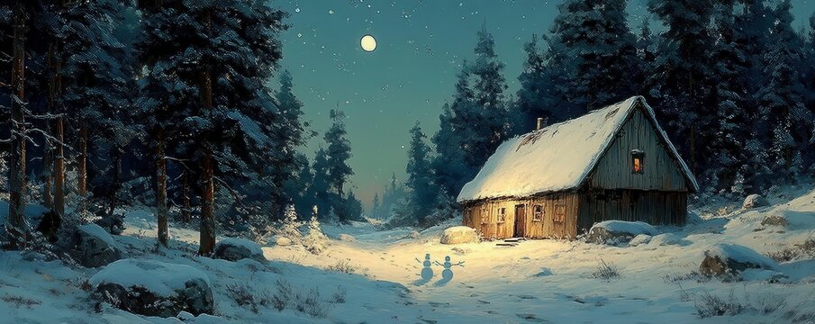 Cozy log cabin in a snow covered forest under moonlight with a pair of snowmen outside - Powered by Adobe