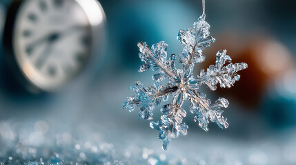 Macro photoreal shot of a snowflake suspended mid-air, faint reflection of a clock face inside it, soft Christmas bokeh, poetic holiday time theme