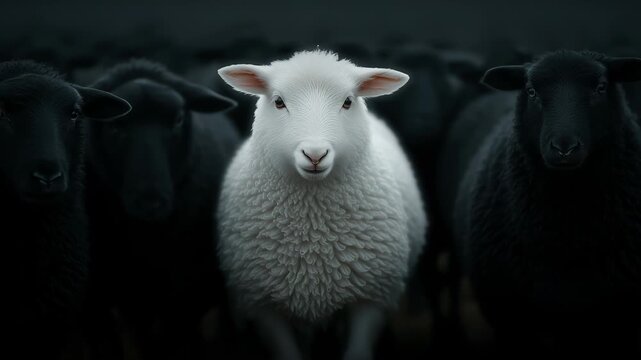 White sheep standing out among black sheep in symbolic contrast and focus. Video.