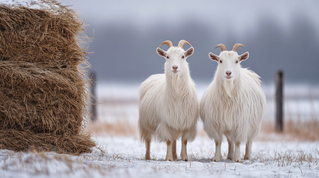 Two white goats standing in snowy winter field beside hay bales.