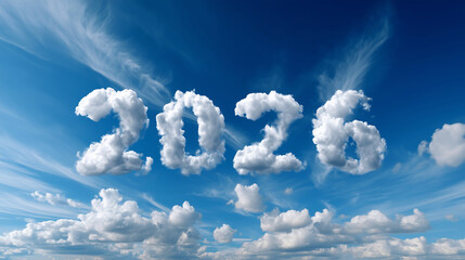 the sky is blue, with white clouds shaped like the letters "2026", creating an abstract cloud pattern in the shape of numbers "2026"hese four numbers need to occupy the center of