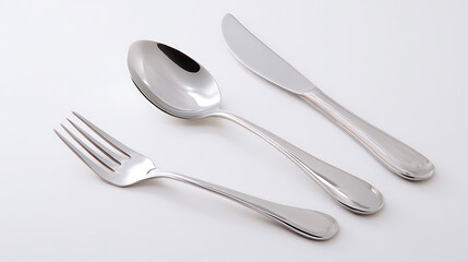 Sleek and simple cutlery set, featuring a fork, spoon, and knife, gleaming on a white surface. Perfect for table setting and dining elegance. The design is classic.
