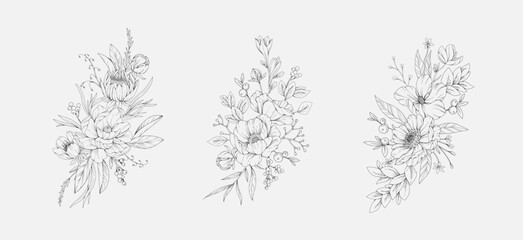 Fototapeta premium Botanic set of detailed various flowers and brunch. Luxury vintage floral collection for wedding invitation, wallpaper art or save the date card. Botanical vector illustration