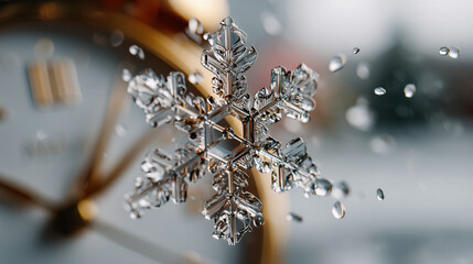 Macro photoreal shot of a snowflake suspended mid-air, faint reflection of a clock face inside it, soft Christmas bokeh, poetic holiday time theme