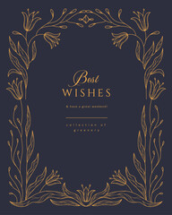 Retro floral frame or cover. Botanic design elements in wavy and naive style. Boho leaves branches and blooming print for poster, social media and packaging or greeting card. Vector illustration