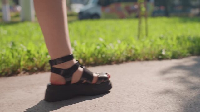 closeup feet in black sandals walking on sunlit sidewalk caucasian teen solo; slow melancholic pace, grass edge, leather straps and painted toes visible, urban park background, shallow depth of field,