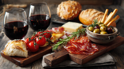 Gourmet charcuterie board with red wine, cheeses, and olives