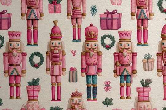 Watercolor Christmas Nutcracker Pattern with Wreaths and Presents for Holiday Decor