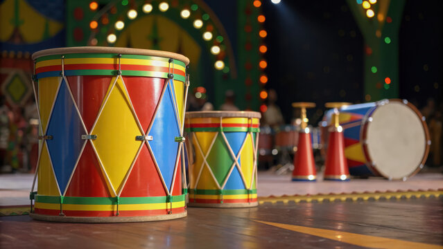 Carnival decor visual. Colorful drums with vibrant patterns on stage create lively atmosphere