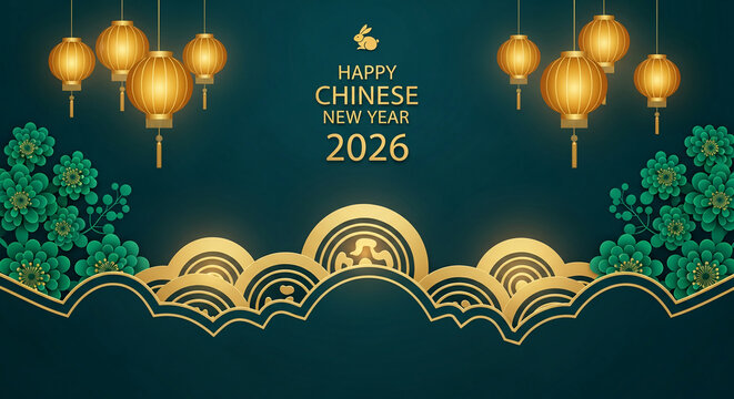 Festive image of lanterns, floral decoration and gold pattern on dark background, promoting Lunar New Year 2026, year of the Rabbit, representing celebration - Powered by Adobe