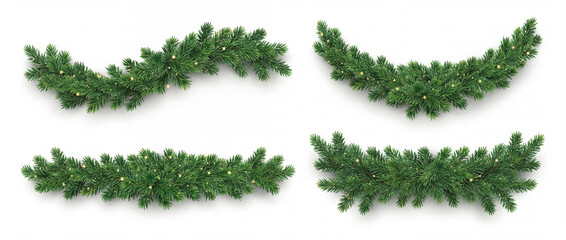 Christmas tree garland isolated on white. Realistic pine tree branches with golden confetti decoration. Vector border for holiday banners, party posters, cards, headers.