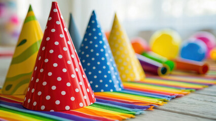 Carnival decor visual. Colorful polka dot party hats and vibrant horns on rainbow striped tablecloth create festive atmosphere