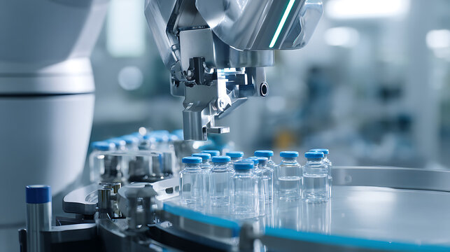 Automated Pharmaceutical Production: A robotic arm precisely handles vials on a conveyor belt in a clean, modern facility, symbolizing efficiency and advanced technology.