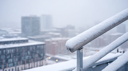 Snowy city rooftop view. The staircase railings are covered with snow. The snowy weather and the frosted architecture create a serene and tranquil atmosphere above the skyline.