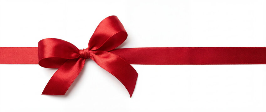 A large red ribbon bow on the left of a long straight piece of ribbon to be used as a birthday or Christmas banner, border isolated against a transparent background - Powered by Adobe